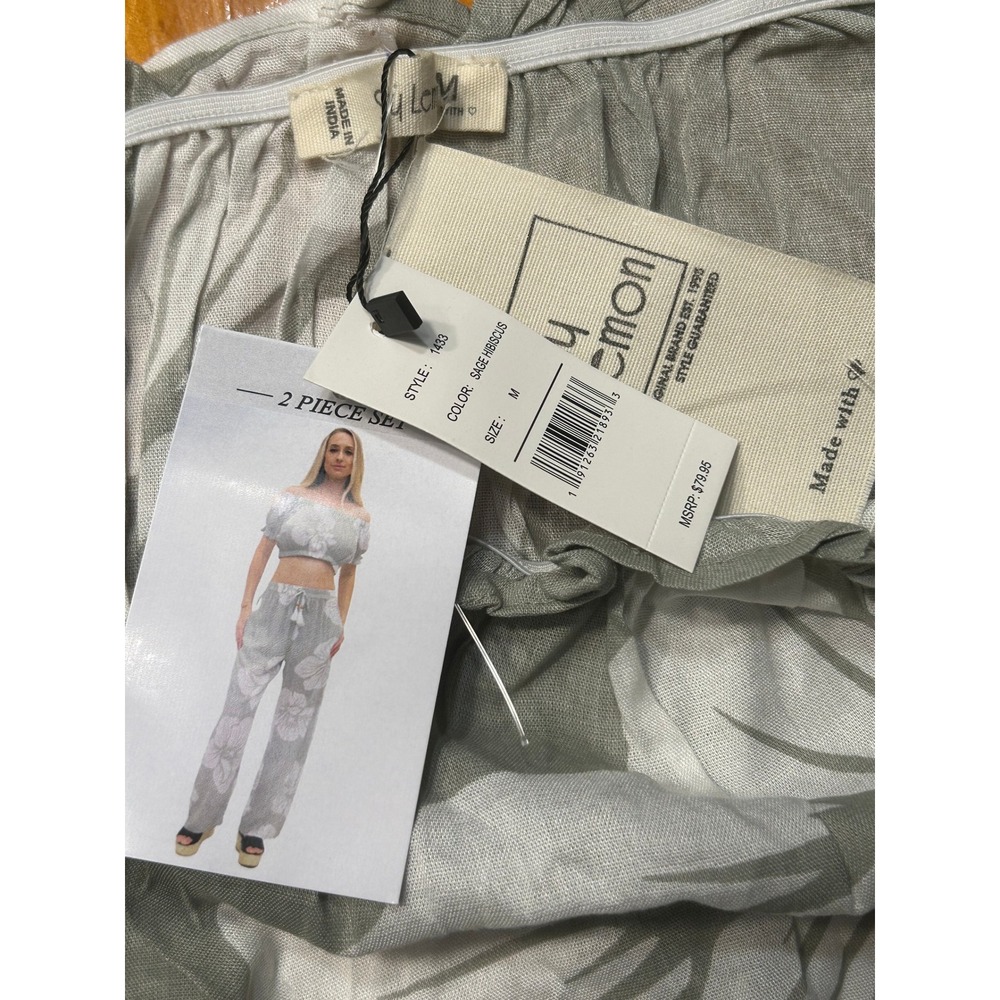 Salty Lemon Boho 2 Piece Set Sage Hibiscus Floral Crop Top Wide Leg Pants M NEW - Picture 11 of 16